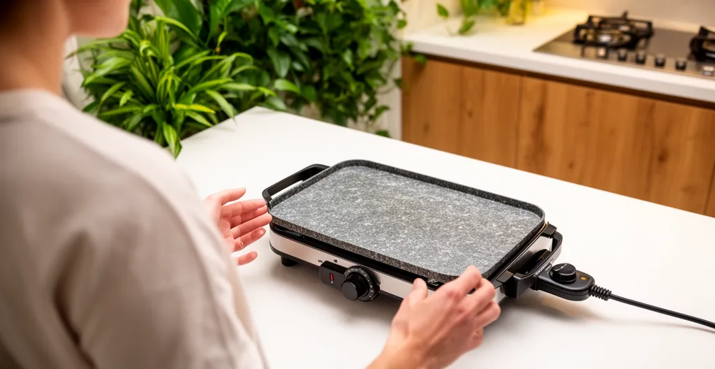 Personne examinant la surface de cuisson d'une plancha électrique dans une cuisine