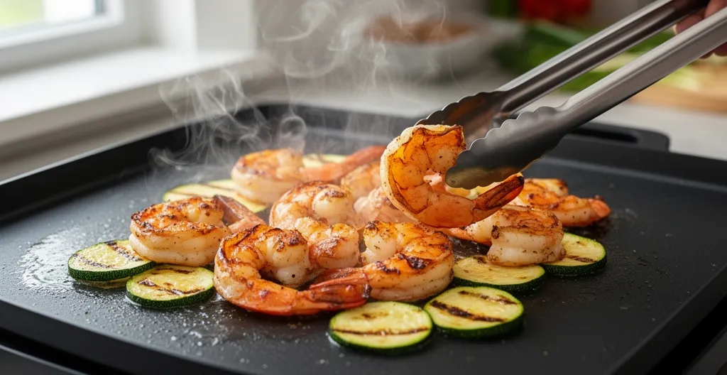 Crevettes et courgettes en train de griller sur une plancha électrique noire