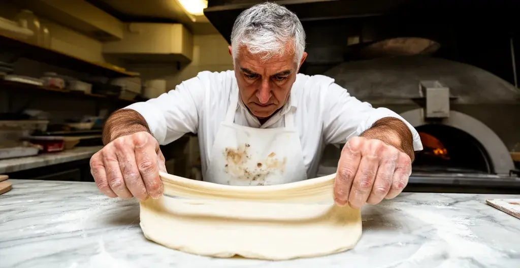 Pizzaïolo italien étalant la pâte à pizza devant un four à bois traditionnel