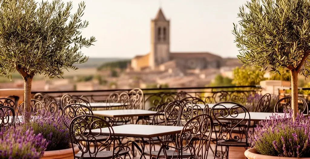 Terrasse méditerranéenne du restaurant Mongelli avec vue sur le clocher de Blagnac